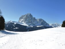 aussicht von juac huette auf langkofelgruppe winter